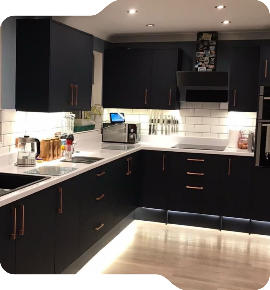 Kitchen Refurbishment by JEBS Ltd – Electrical and Building Specialists Modern kitchen renovation completed by JEBS Ltd in Leighton Buzzard